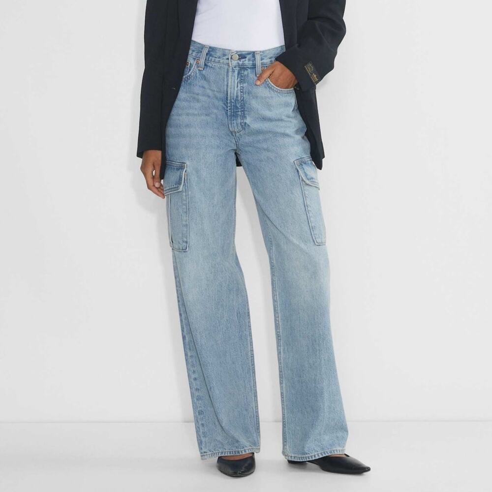 DENIM FORUM The Farrah Hi-Rise Cargo Jean 7 Yrs Bleu Taboo Wide Leg Women's 24